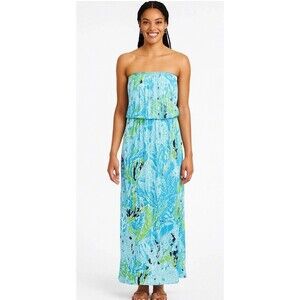 Lilly Pulitzer Maxi Dress XS Strapless Blue Green Tropical Print Resort Beachy